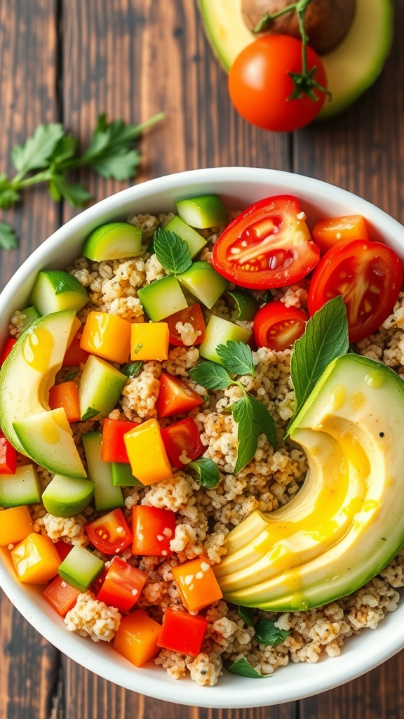 A colorful quinoa veggie bowl with fresh vegetables and avocado, garnished with herbs, on a rustic table.